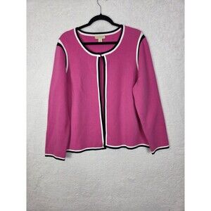 Appleseed's Open Front Cardigan Sweater Womens L Pink Cotton Contrast Trim